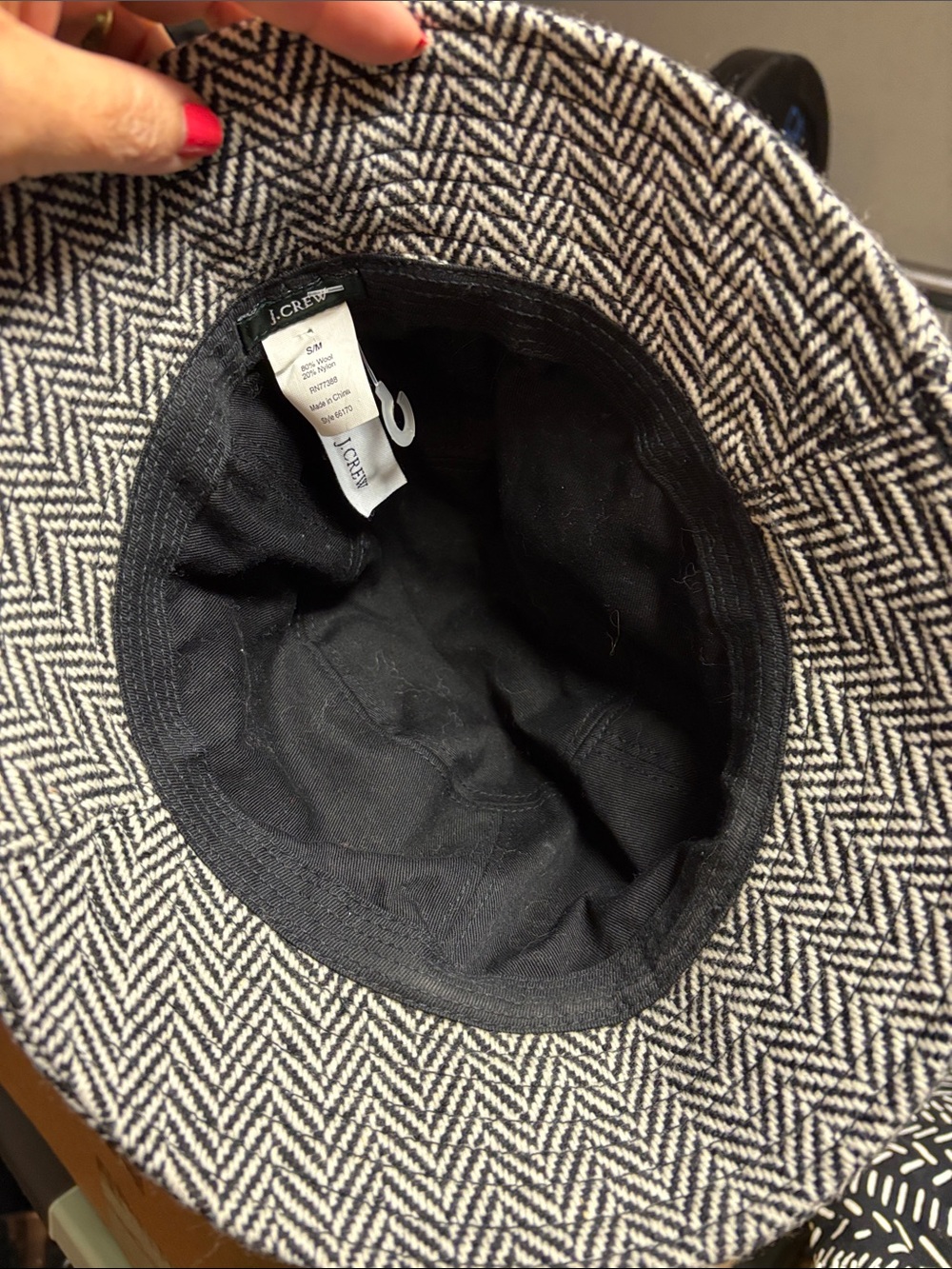J. Crew Black & White Herringbone Bucket Hat with Pink Ribbon - Picture 3 of 16